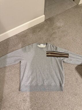 Lacoste Gray Crewneck Sweater with Black and Tan Stripe Detail